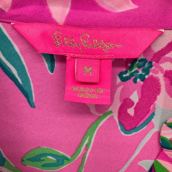 Lilly Pulitzer Blouse Womens Medium Winona Tunic V-Neck Peplum Waist Pink Blue - Picture 3 of 8